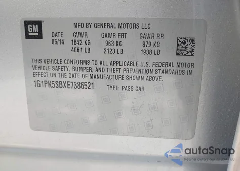 2014 Chevrolet Cruze Lt z USA, uszkodzony, nr VIN 1G1PK5SBXE7386521